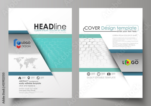 Business templates for brochure, flyer, booklet, report. Cover design template, abstract vector layout in A4 size. Chemistry pattern, hexagonal molecule structure on blue. Medicine, technology concept