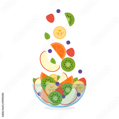 Fruit salad in a glass bowl with ingredients flying in the air. Isolated on white background. Healthy eating concept. Vector illustration in flat design.