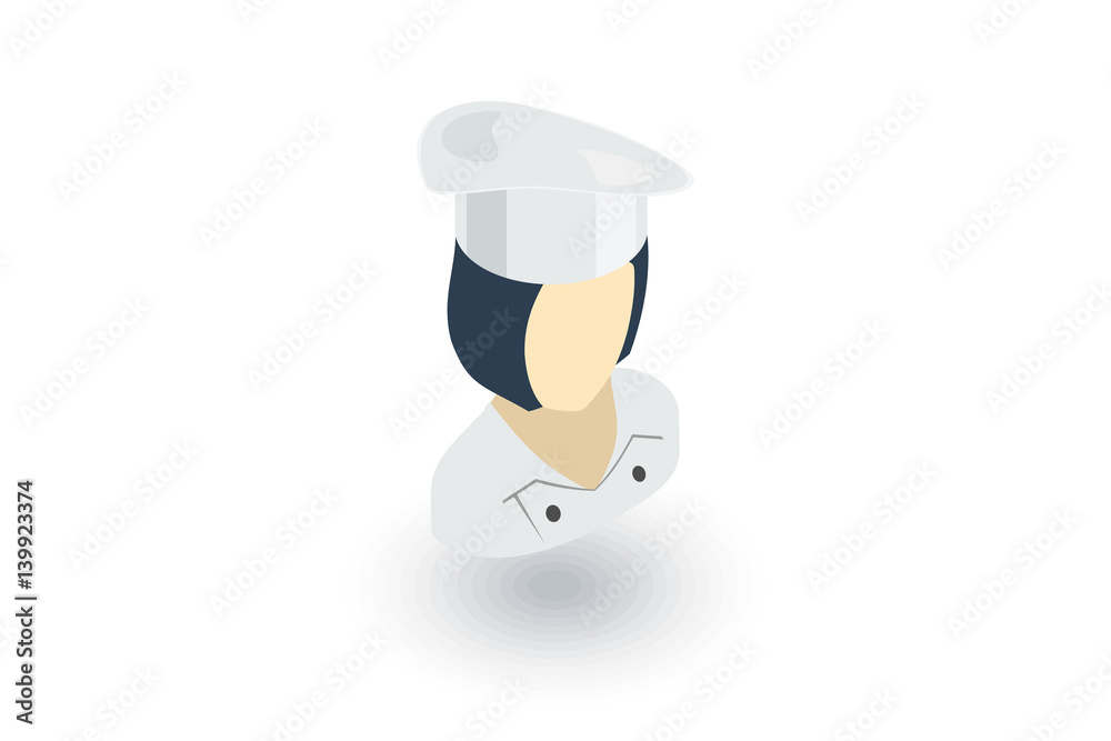 Avatar chef woman, cook isometric flat icon. 3d vector colorful illustration. Pictogram isolated on white background Avatar chef woman, cook isometric flat icon. 3d vector colorful illustration. Pictogram isolated on white background