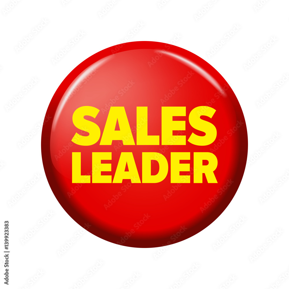 Bright red round button with word 'Sales leader'. Circle label for bestseller in online shops. Design elements on white background. Bright red round button with word 'Sales leader'. Circle label for bestseller in online shops. Design elements on white background.