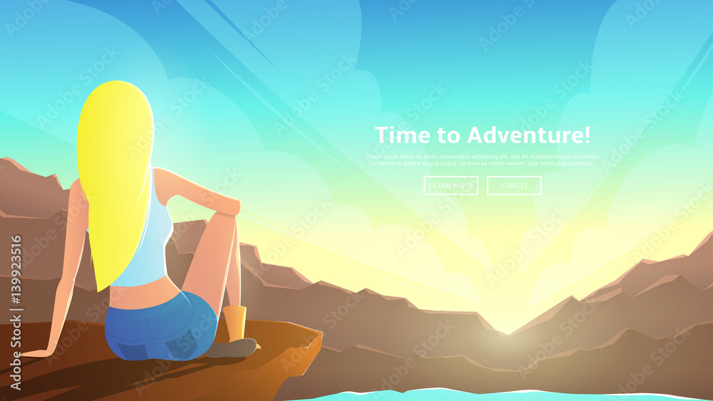 Beautiful girl sits on mountain ledge. Woman looks at sunrise among mountains. Vector illustration. Web banner on the theme of summer vacation.