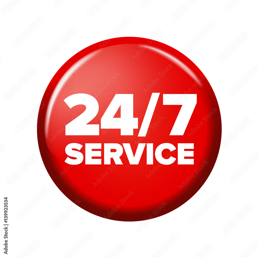 Bright red round button with words '24/7 service'. Work time circle label for posters and banners. All-time maintenance tag. Design element on white background. Bright red round button with words '24/7 service'. Work time circle label for posters and banners. All-time maintenance tag. Design element on white background.