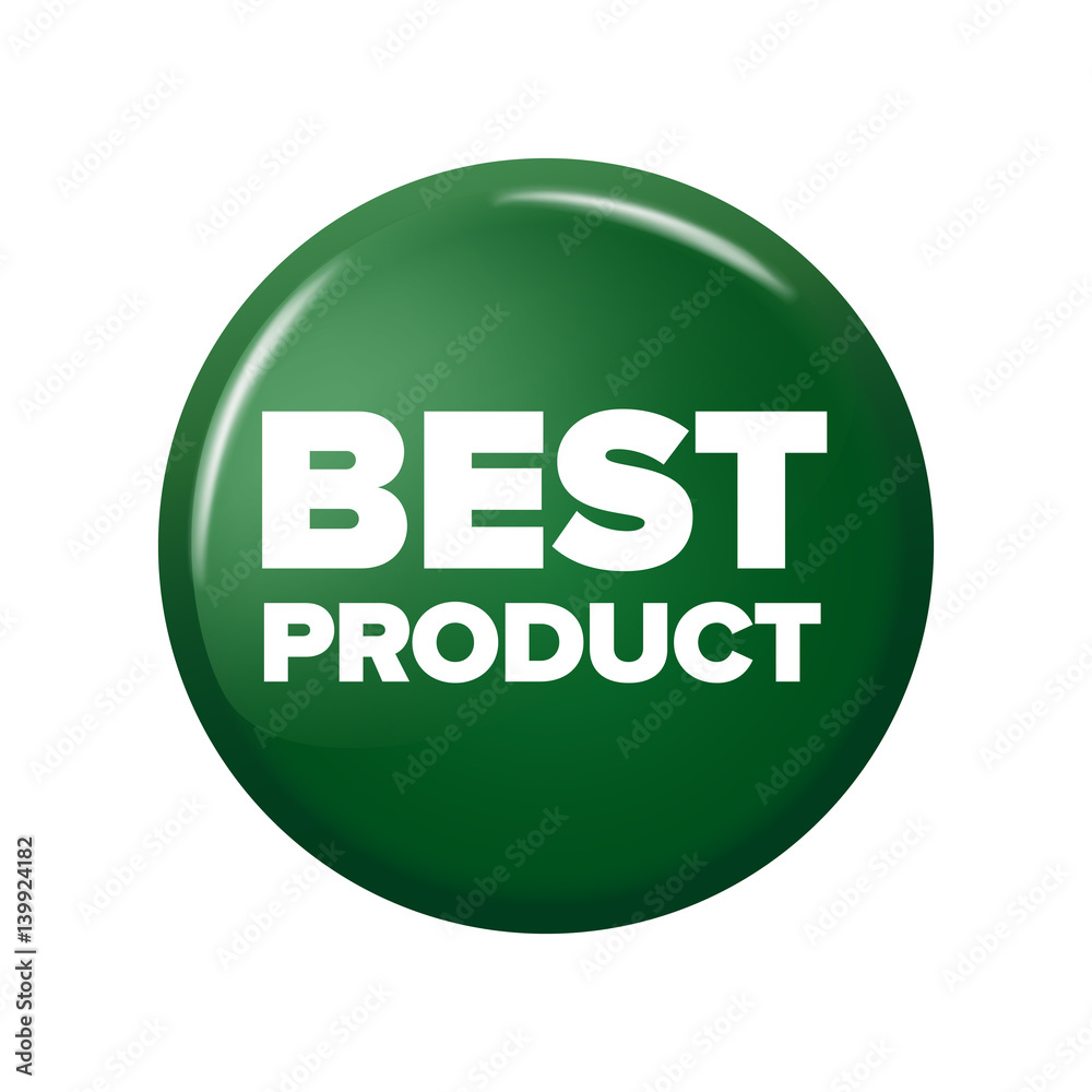 Bright green round button with word 'Best Product'. Circle label for bestseller in online shops. Design elements on white background. Bright green round button with word 'Best Product'. Circle label for bestseller in online shops. Design elements on white background.