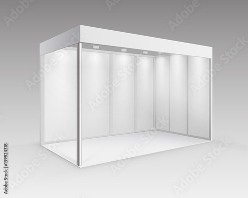 Vector White Blank Indoor Trade exhibition Booth Standard Stand for Presentation with Spotlight in Perspective Isolated on Background