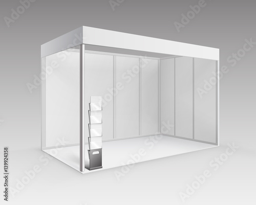 Vector White Blank Indoor Trade exhibition Booth Standard Stand for Presentation with Booklet Brochure Holder in Perspective Isolated on Background
