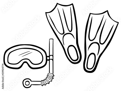 Schwarz-weiß Zeichnung Taucherbrille, Schnorchel, Schwimmflossen / Vektor