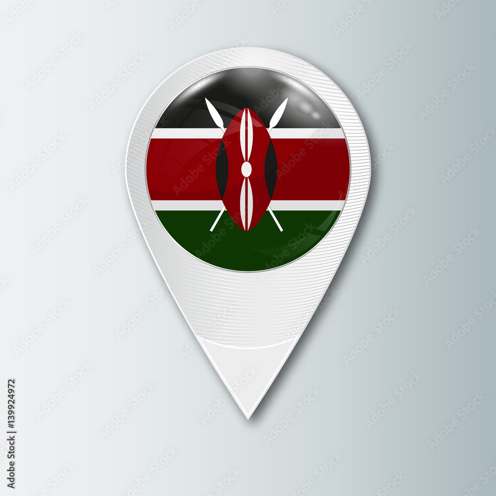 Pointer with the national flag of Kenya in the ball with reflection. Tag to indicate the location. Realistic vector illustration. Pointer with the national flag of Kenya in the ball with reflection. Tag to indicate the location. Realistic vector illustration.