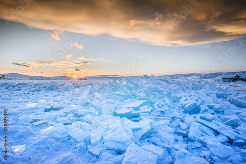 Sunset at Zhukhir port in Frozen season