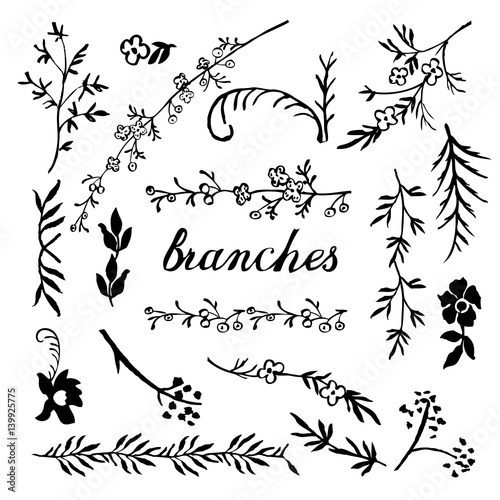 Set of hand drown ink floral branches