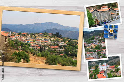 Beautiful snapshots of various Cyprus landscapes, villages, monastery in wooden frames arranged on rustic background