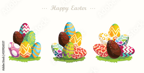 Happy Easter.Set of Easter eggs with different texture.Bright eggs on a glade. Vector