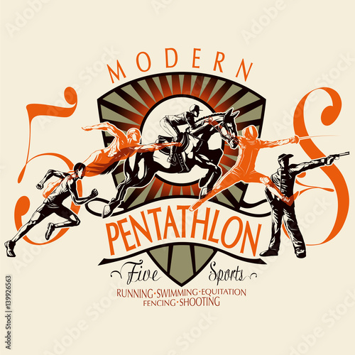 Graphic illustration of pentathlon badge with athletes