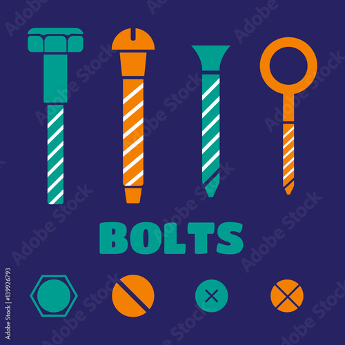 Construction hardware icons. Screws, bolts, nuts and rivets vector