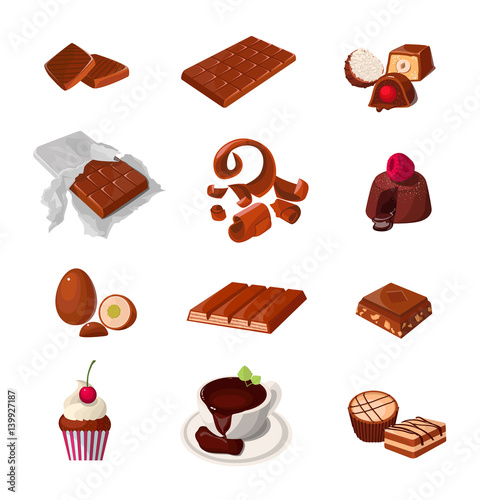 Set of a chocolate products. Various pastry sweets. Isolated realistic vector illustrations.