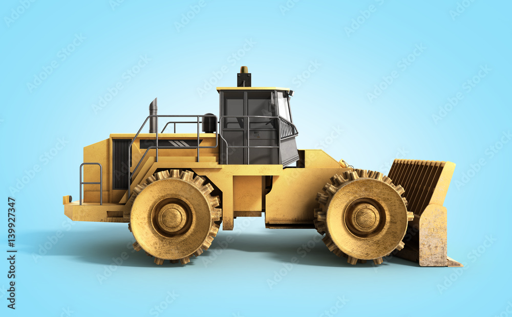 Yellow Bulldozer 3d render on blue background