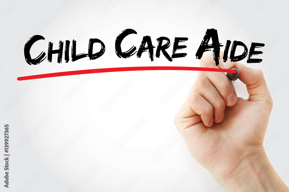 Fototapeta premium Hand writing child care aide with marker, concept background