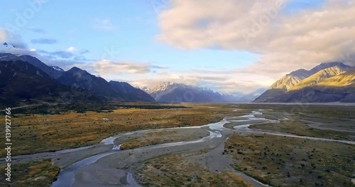 Aerial view of  Tasman River at Aoraki Mount Cook National Park