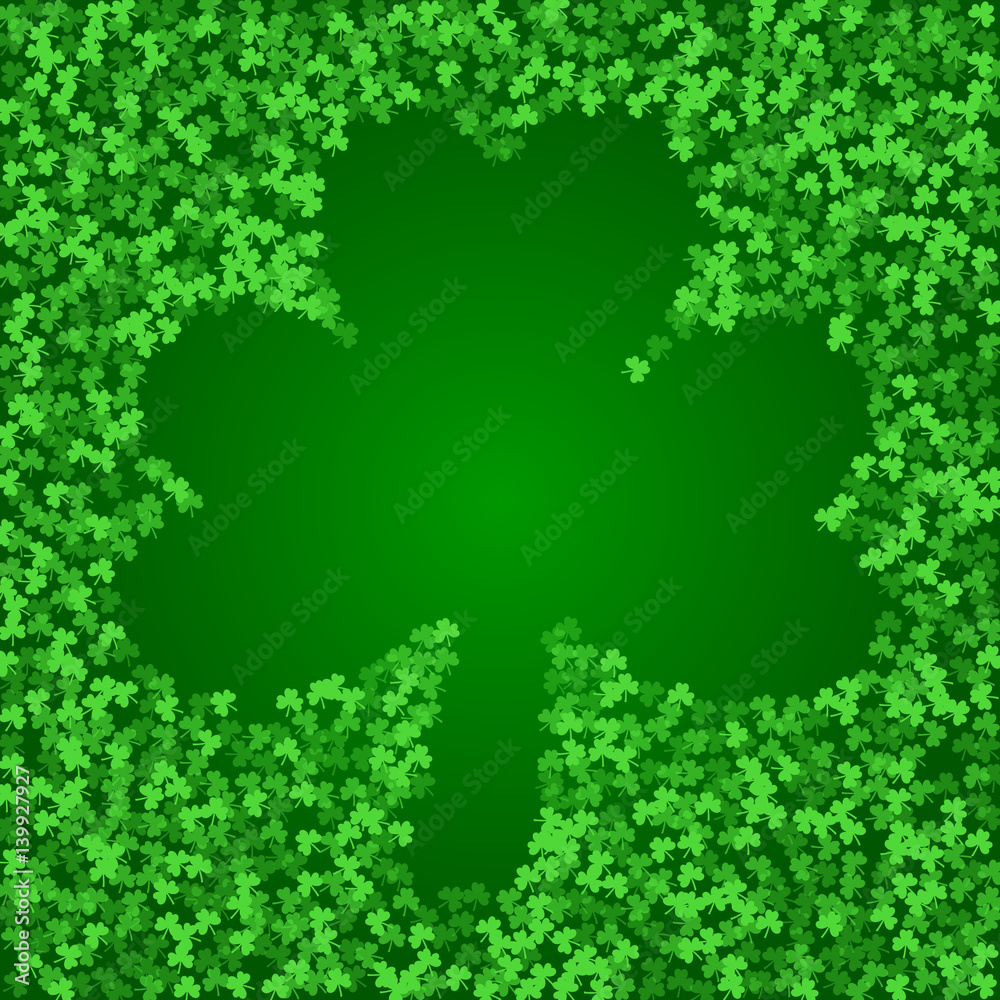 Square Saint Patricks Day background with green clover confetti. Frame of shamrock leaves. Trefoil silhouette. Template for greeting card design, banner, flyer, party invitation.