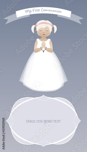 Cute girl wearing white dress. My first communion celebration reminder. Vector Illustration.