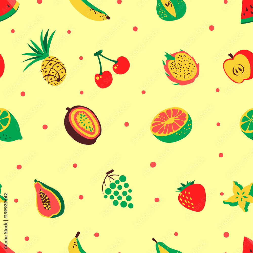 Fototapeta premium Tropical exotic fruits seamless pattern. Cute fresh organic fruits background.
