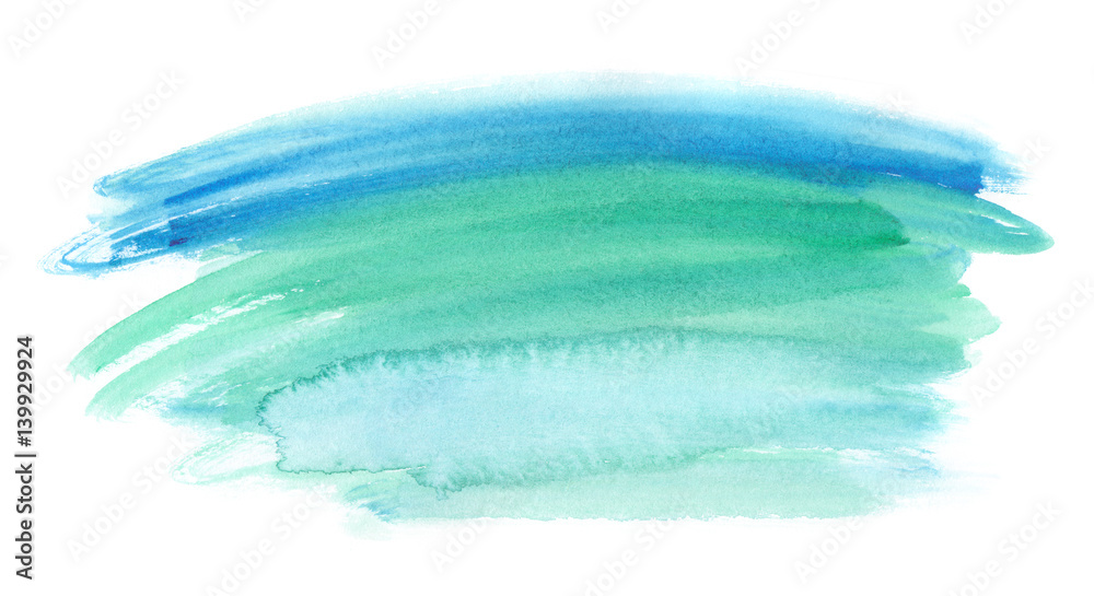 Blue and teal green horizontal brush strokes painted in watercolor on clean white background