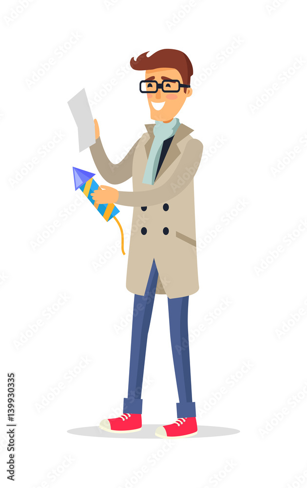 Isolated man in Beige Coat Blue Jeans Holds Rocket Isolated man in Beige Coat Blue Jeans Holds Rocket