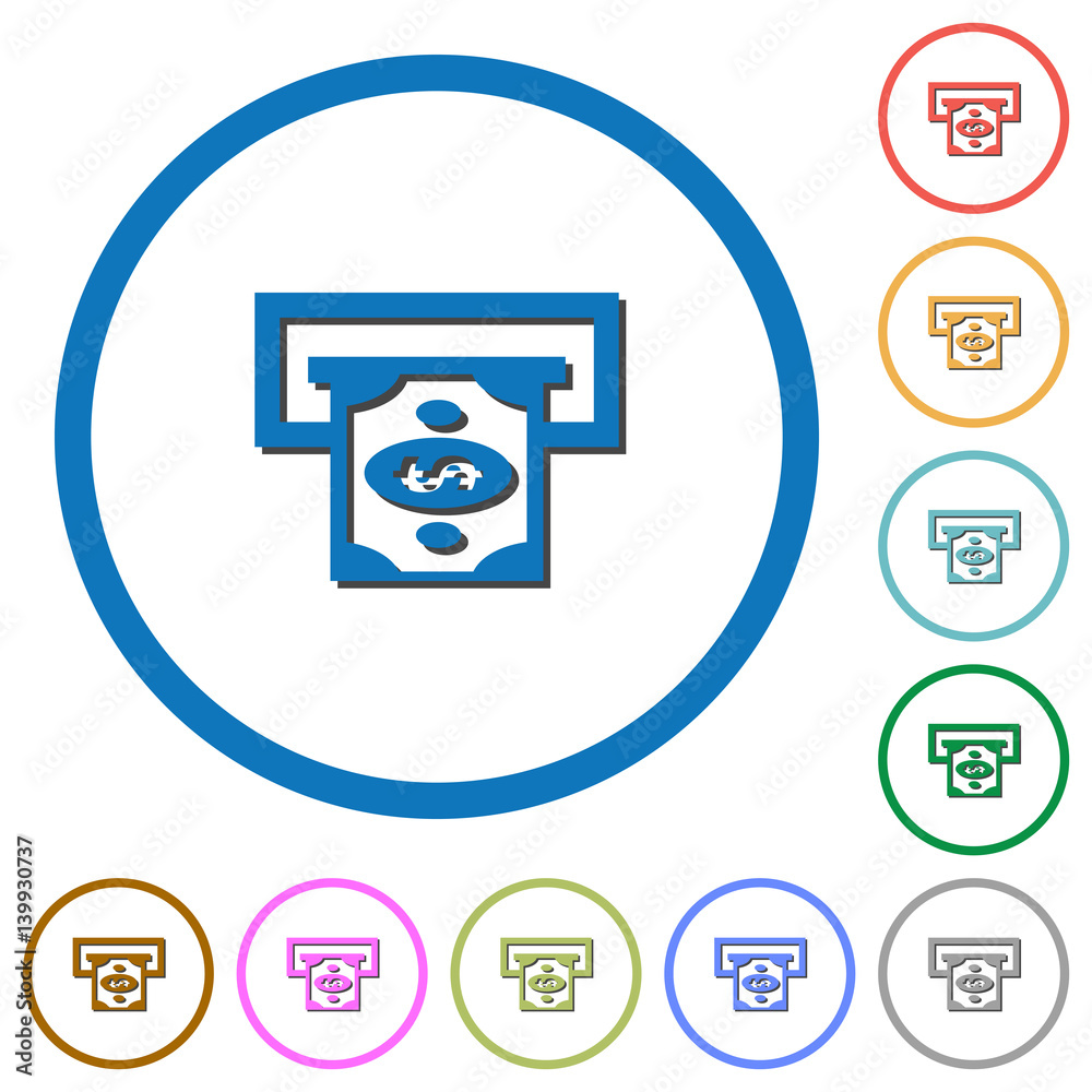 Dollar bank ATM icons with shadows and outlines Dollar bank ATM icons with shadows and outlines