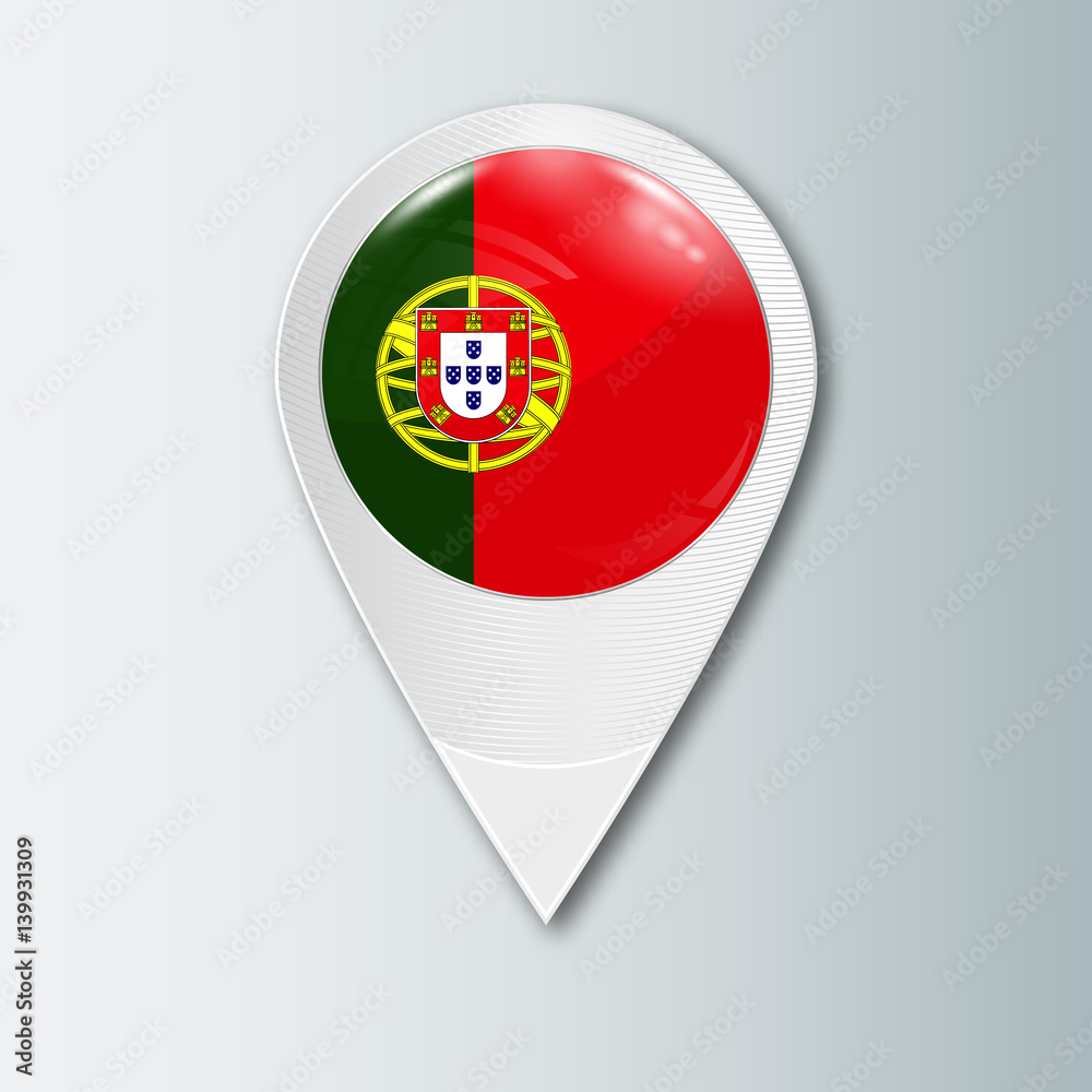 Pointer with the national flag of Portugal in the ball with reflection. Tag to indicate the location. Realistic vector illustration. Pointer with the national flag of Portugal in the ball with reflection. Tag to indicate the location. Realistic vector illustration.