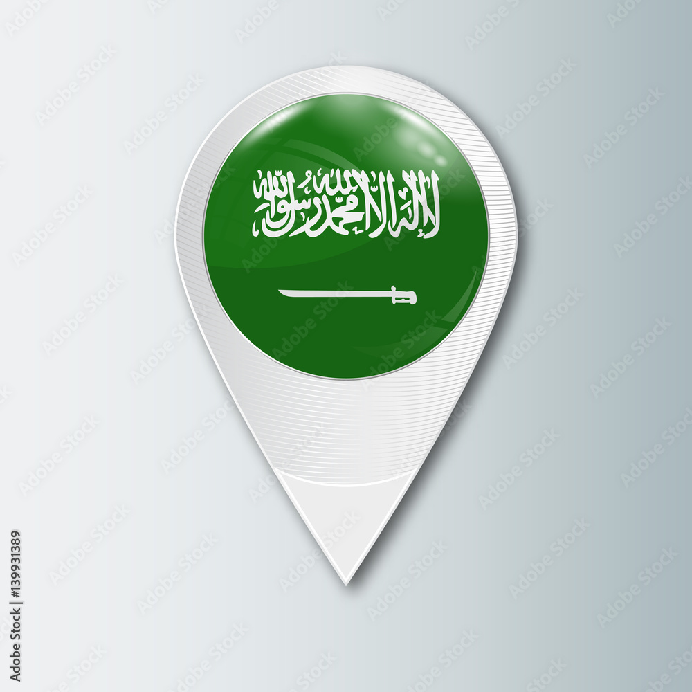 Pointer with the national flag of Saudi Arabia in the ball with reflection. Tag to indicate the location. Realistic vector illustration. Pointer with the national flag of Saudi Arabia in the ball with reflection. Tag to indicate the location. Realistic vector illustration.