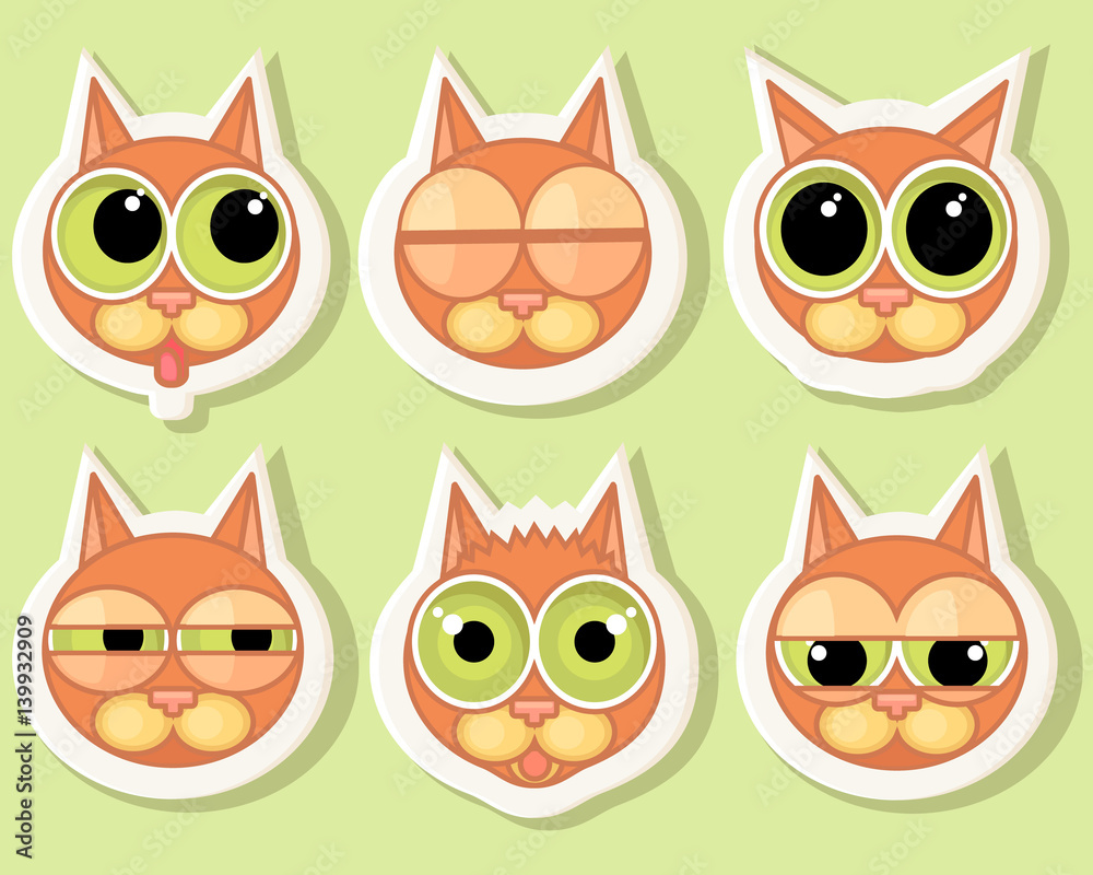 A set of stickers for cat faces with different emotions. Cartoon faces with a contour and big eyes.
