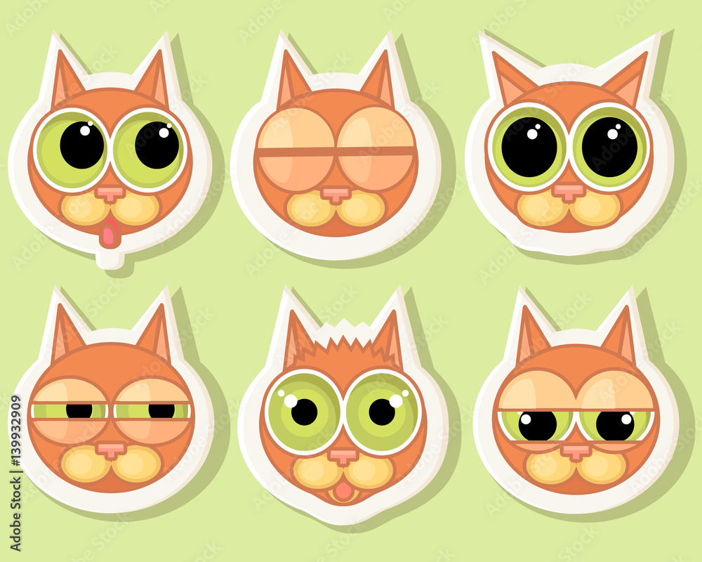 A set of stickers for cat faces with different emotions. Cartoon faces with a contour and big eyes. A set of stickers for cat faces with different emotions. Cartoon faces with a contour and big eyes.