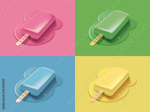 Set of colorful melting ice cream with 3d effect