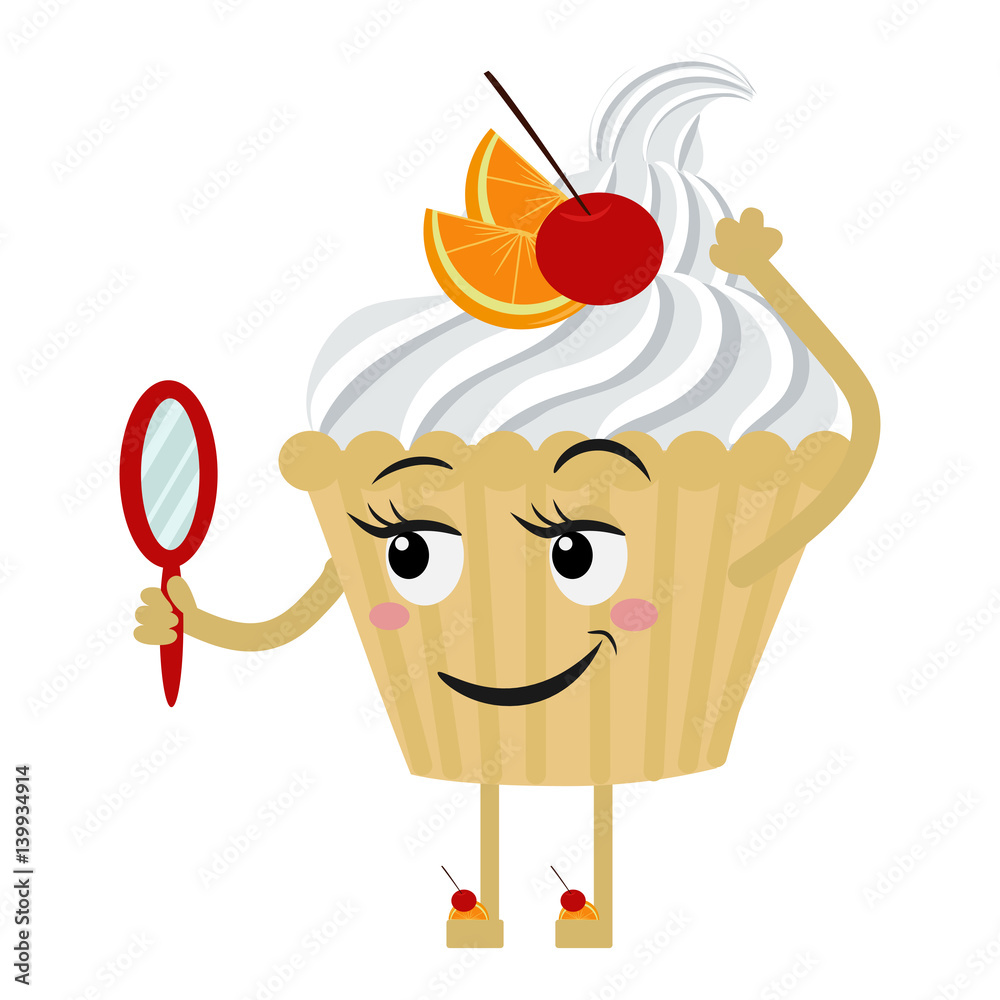 Cute and funny cupcake. Cookies face looks in the mirror. Cartoon, vector  illustration. Stock Vector | Adobe Stock