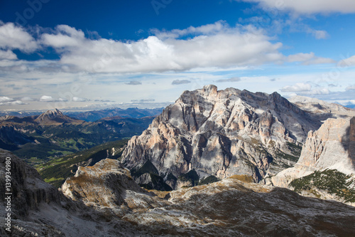Dolomite Mountains over blue sky. Dolomites, Italy, Europe.