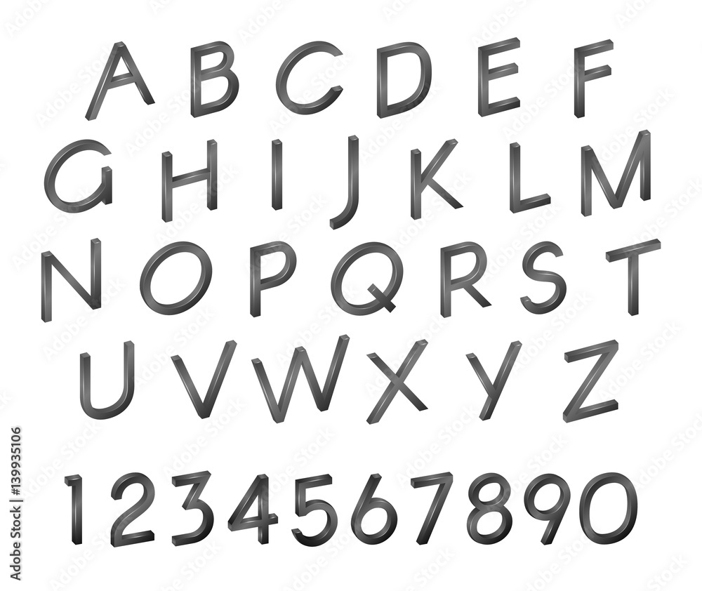 Alphabet, numbers, font isometry in green, in a realistic 3D sty