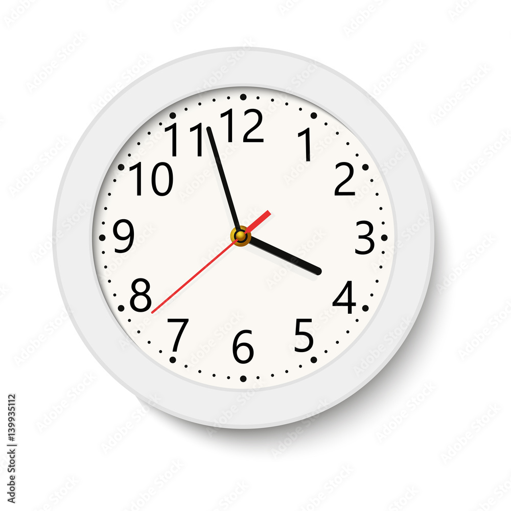 Classic white round wall clock isolated on white . Vector illustration Classic white round wall clock isolated on white . Vector illustration