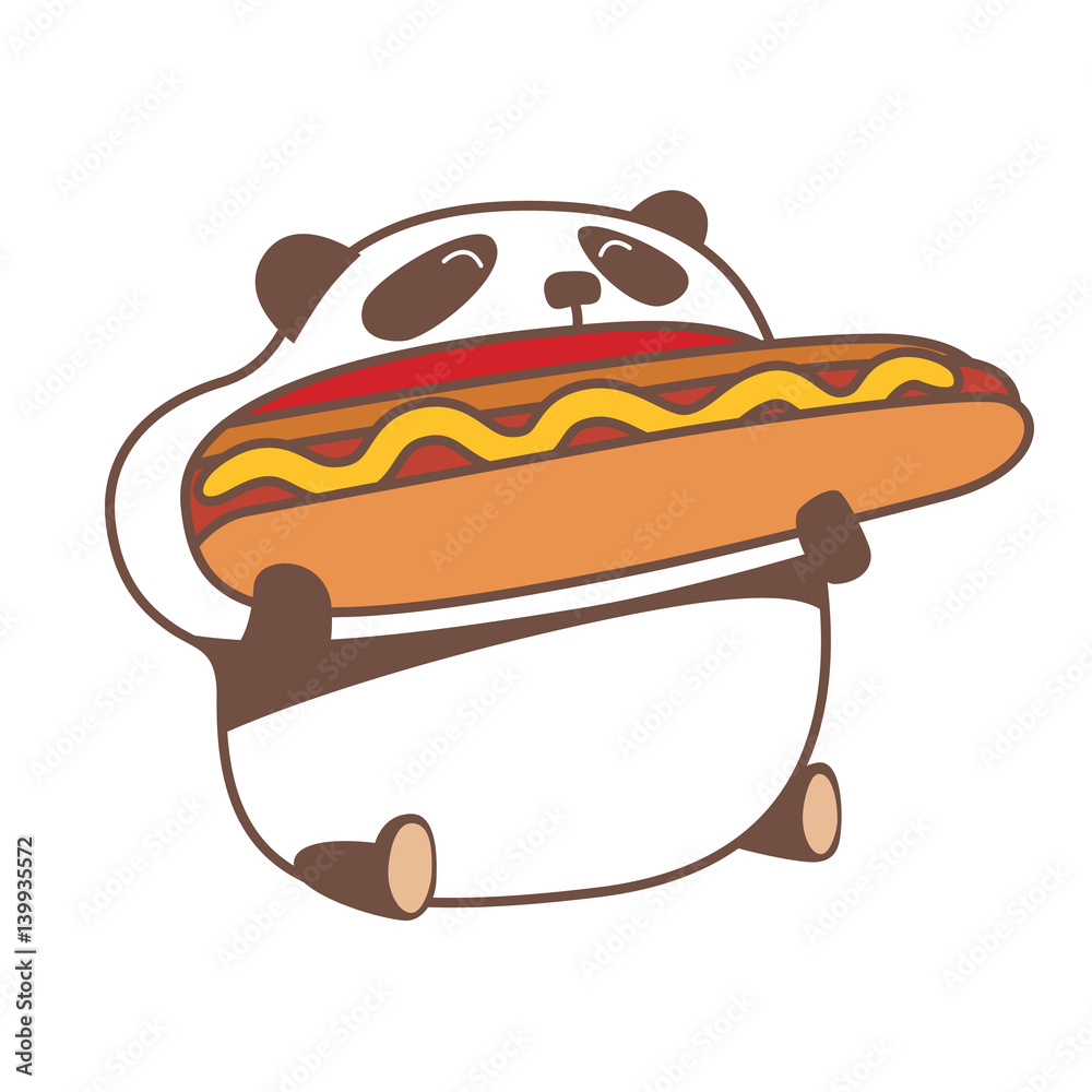 Obraz premium Hungry kawaii panda eating huge hot dog. Vector illustration.