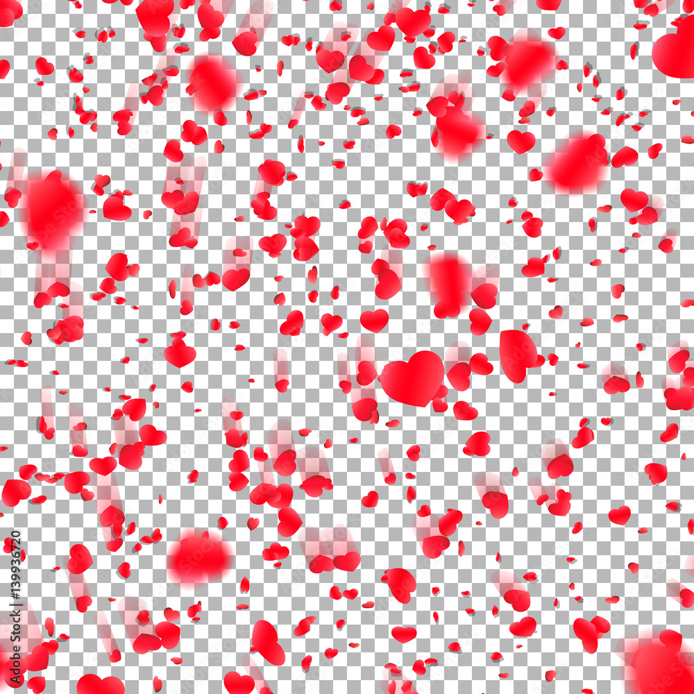 Background with red hearts falling confetti, flower petals