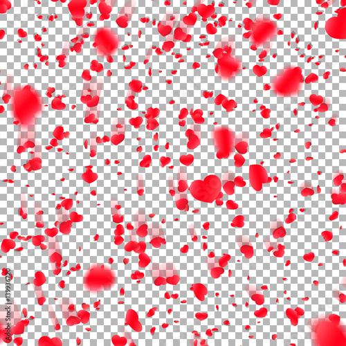 Background with red hearts falling confetti  flower petals