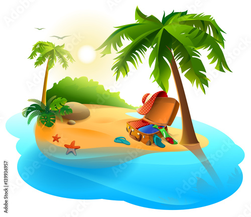 Summer vacation on tropical island. Open suitcase on sand among palms