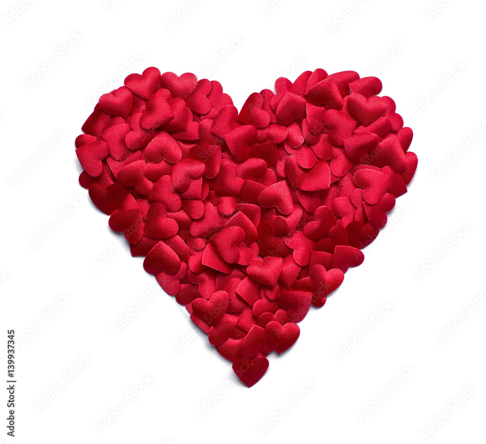 Red heart shape made of many small confetti hearts isolated on white background
