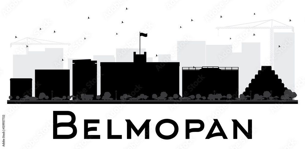 Belmopan City skyline black and white silhouette.