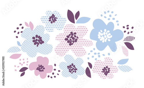 Blue and rosy color decorative floral element in geometry style. Spring flower surface design for card, invitation, wedding decoration, print.