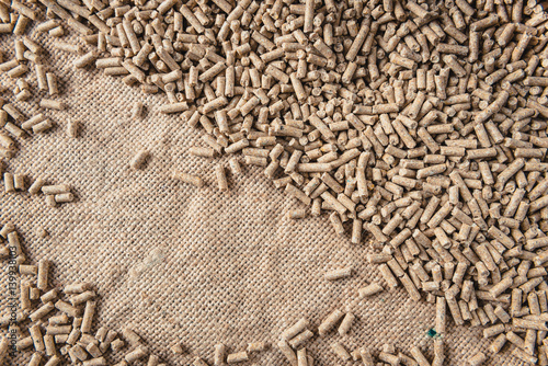 Feed pellets on sacking