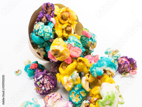 Isolated - Colourful Popcorns on white background, shallow depth of field