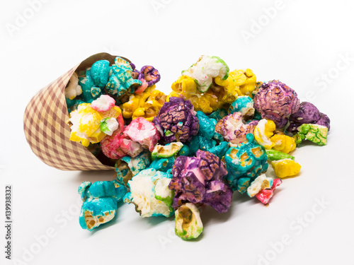 Isolated - Colourful Popcorns on white background, shallow depth of field