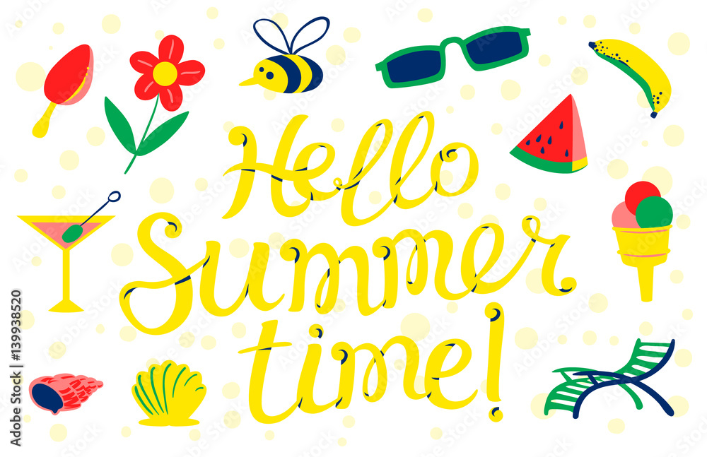 Hello summer time  lettering. Beach banner. Seasonal tropic background
