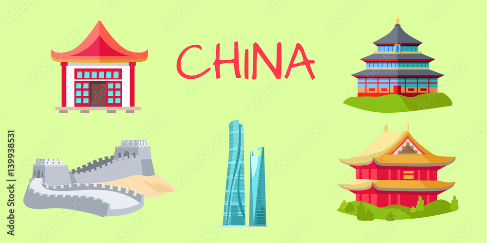 Fototapeta premium China Travelling Elements for Tourists on Green