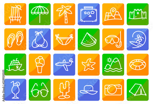 Summer beach icons set in line thin and simply style. Pictogram with recreation, travel and vacation objects