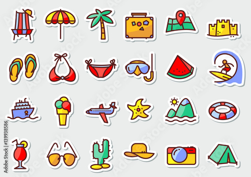 Summer beach holidays icons set. Pictogram with recreation, travel and vacation